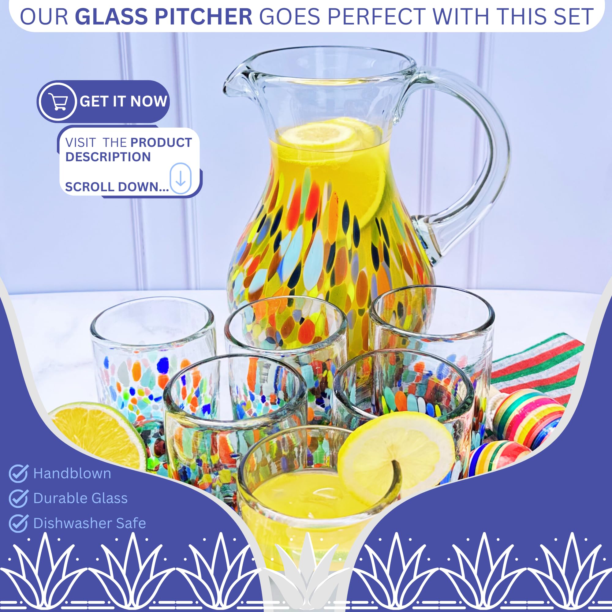 AGAVE'S GLASSWARE Brocca in vetro (2,38 g) | Carmen Carmen Brocca per acqua | Brocca messicana in vetro per bevande | Brocca per tè, succo di frutta, brocca per limonata (Pera Confetti Carmen 2,38 g)