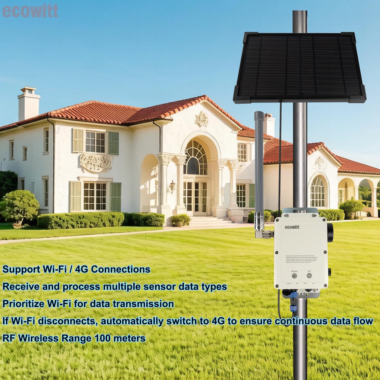 ECOWITT WS6210S Pasarela para estaciones meteorológicas domésticas, receptor móvil 4G y Wi-Fi para sensores de exterior/interior, estación base IoT con panel solar, antena RF de 30 cm