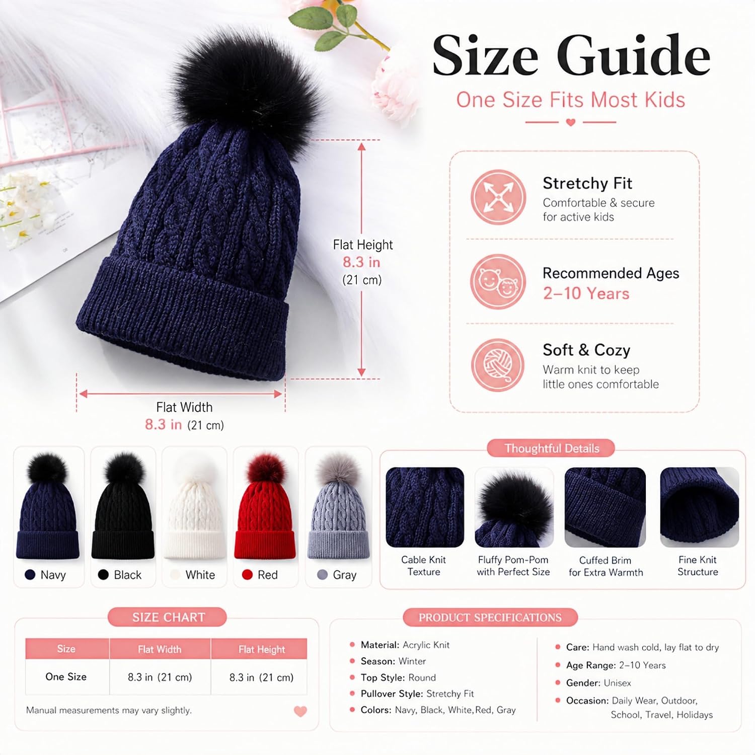 VIKITA Kid Girls Beanie Hat - Winter Toddler Pom Pom Cable Knit Soft Warm Beanie for Little Boys & Girls Ages 2-10