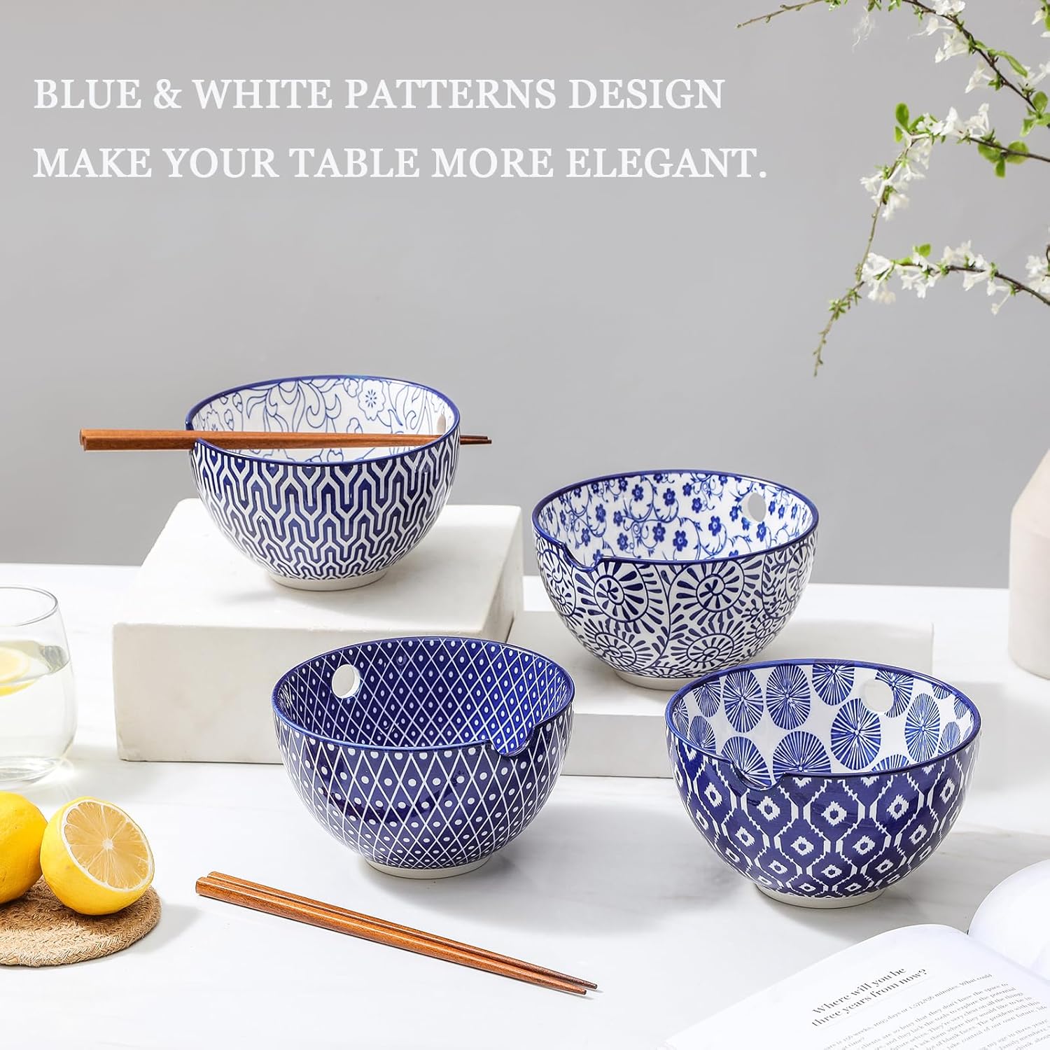 Selamica Ceramic Ramen Bowls Set, 15 OZ Noodle Bowls for Kitchen with Chopsticks, Deep Soup Bowls for Japanese Ramen Udon Soba, Microwave Dishwasher Safe, Set of 4, Vintage Blue