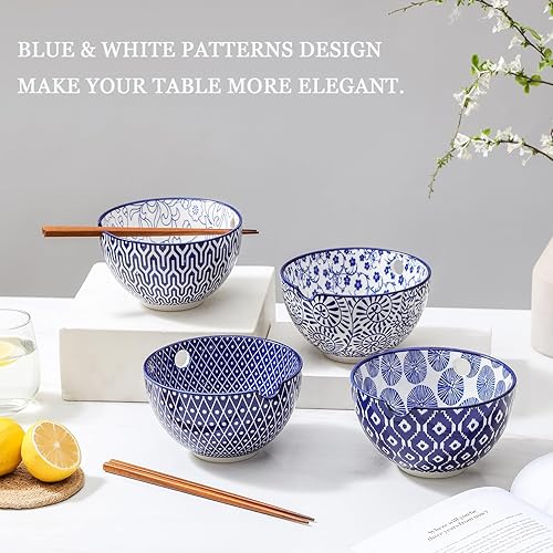 Miniatura 3 de Selamica Juego de 4 cuencos de cerámica para ramen, cuencos de fideos de 15 onzas para cocina con palillos, cuencos profundos de sopa para ramen
