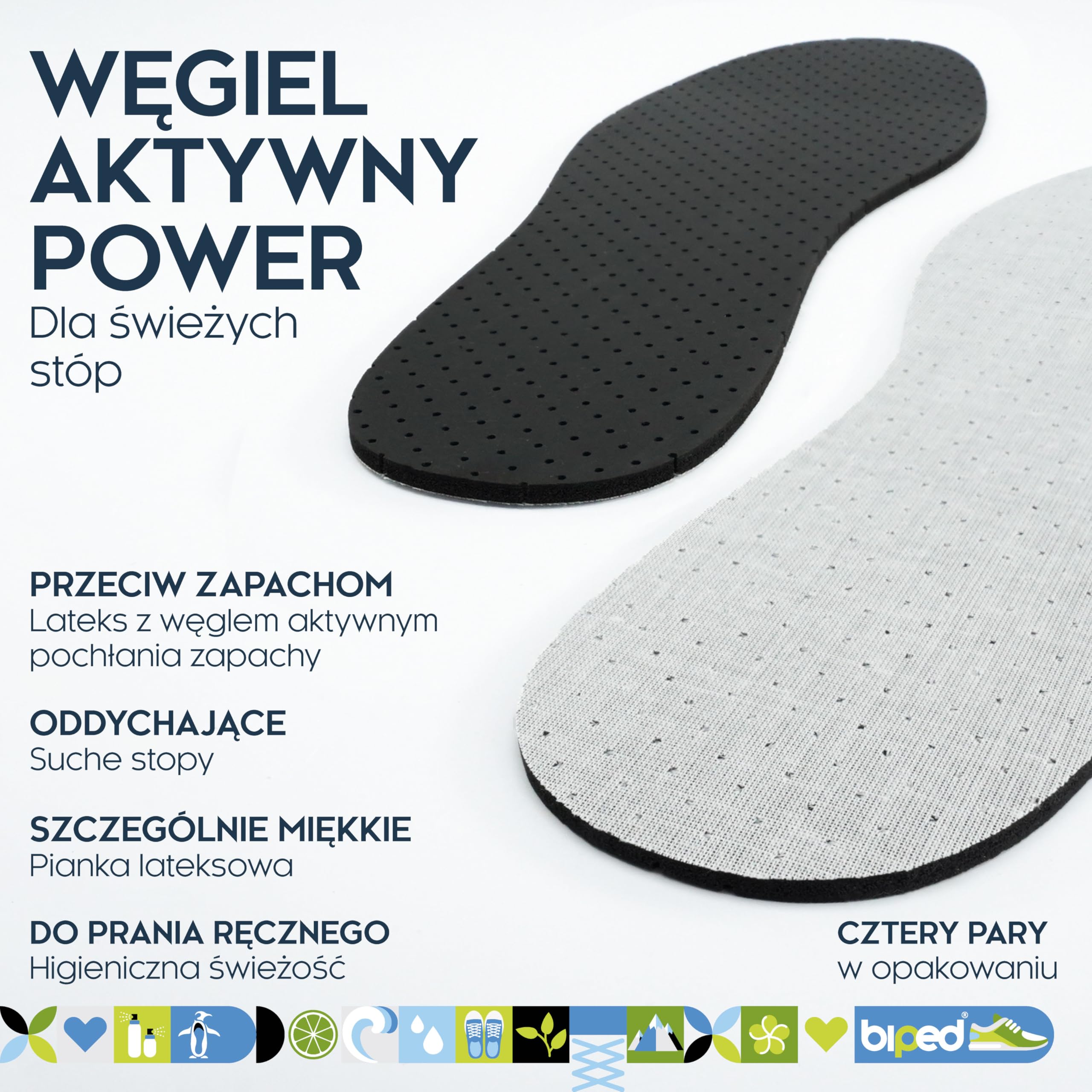 biped 4 par wkładek z węglem aktywnym z wypełnieniem lateksowym – przeciwdziałające poceniu się stóp – higienicznie świeże buty i stopy – ultralekkie i nadające się do prania ręcznego z2727