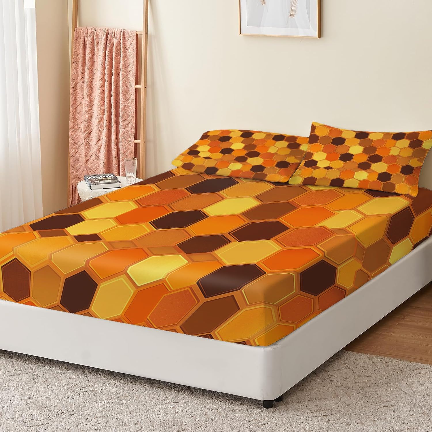 Lenzuolo con angoli 160 x 200 cm Design originale a nido d'ape esagonale Biancheria da letto 3 pezzi con angoli stampati Colore arancione Lenzuolo Lenzuolo con angoli extra profondo con federe