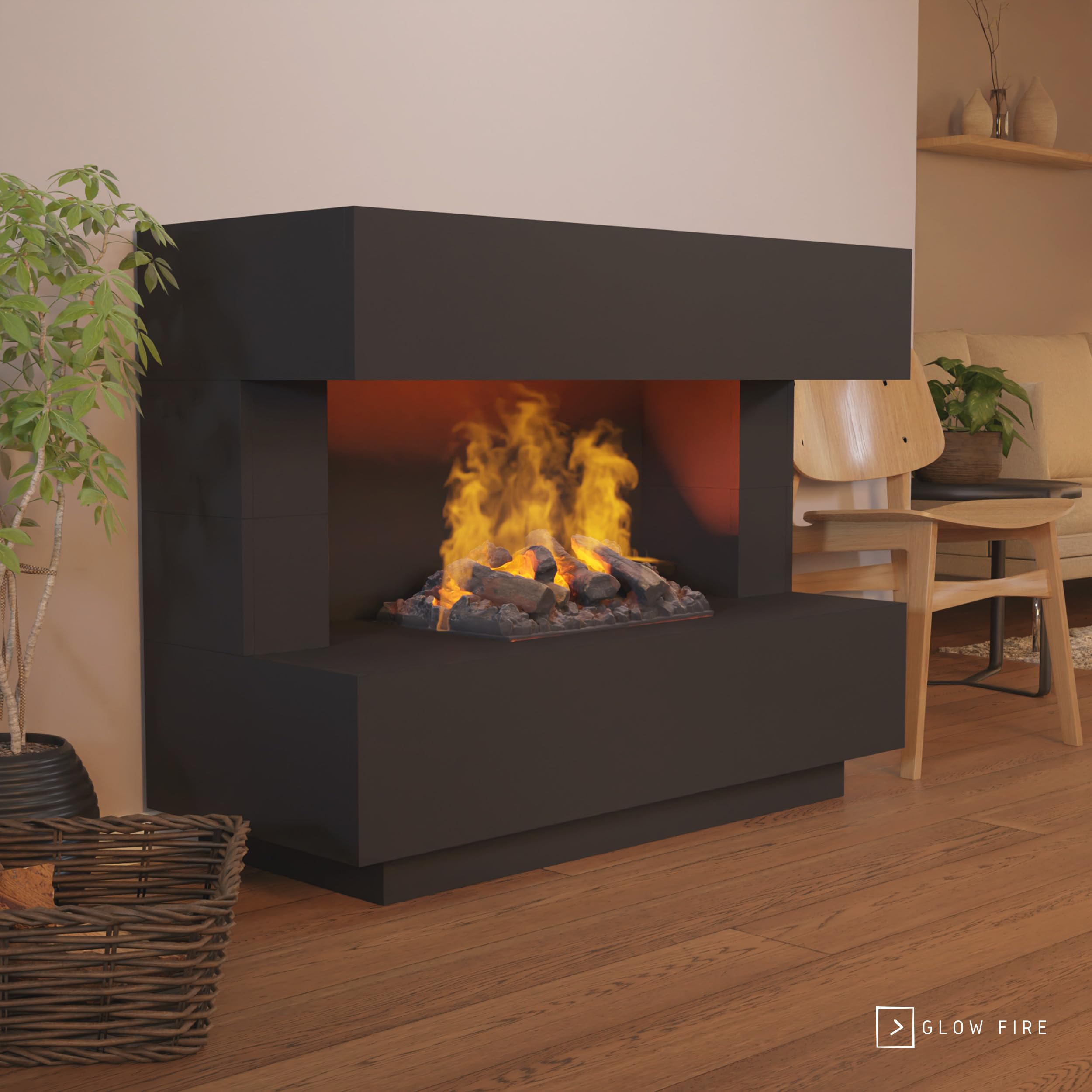 GLOW FIRE Kominek stojący na parę wodną KANT - Elektryczny kominek z realistycznym efektem płomieni LED 3D, trzaskiem, pilotem, 120x93x50 cm - Opti-Myst 500 z dekoracją drewnianą, Czarny