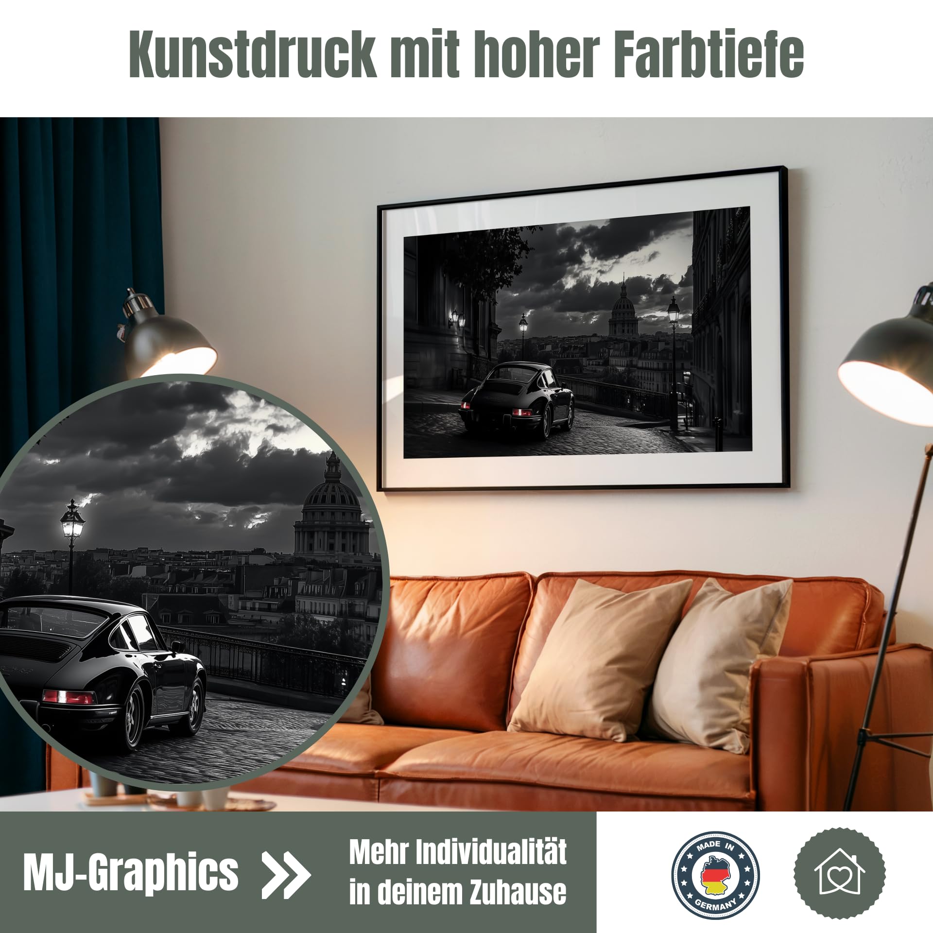 MJ-GRAPHICS® Poster Porsche Bild Auto 90x45cm – Oldtimer Poster 911 Stadtblick Abendlicht schwarz-weiß Wandbild Kunstdruck Männerzimmer Wohnzimmer Büro Vintage OHNE RAHMEN