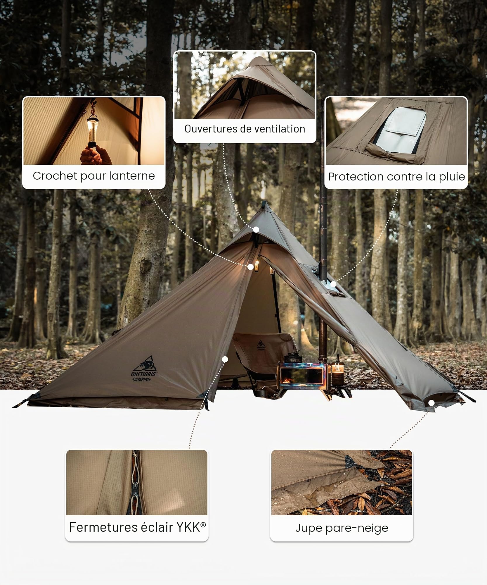 OneTigris APEX Trail Tente 1 personne 4 saisons, structure en A, tente tipi d'extérieur étanche 3000 mm, tente chaude avec trou de cheminée et jupe pare-neige pour camping, randonnée, extérieur