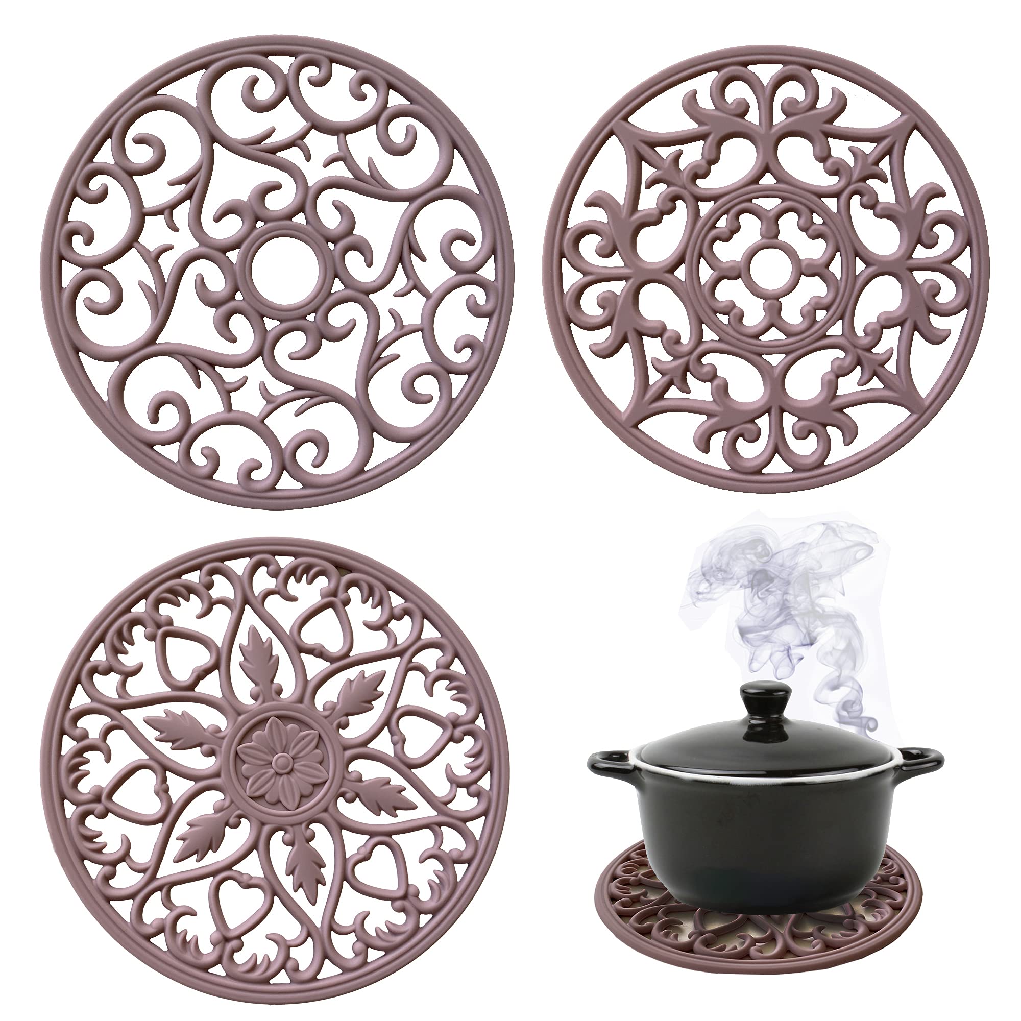 Clea 1000, Silicone Heat Resistant Trivet Mat Set of 3 Hot Pan Holder Hot Pads Flexible Durable Non Slip Coasters for Pots & Hot Dish Trivet Teapot Trivet (Pink)