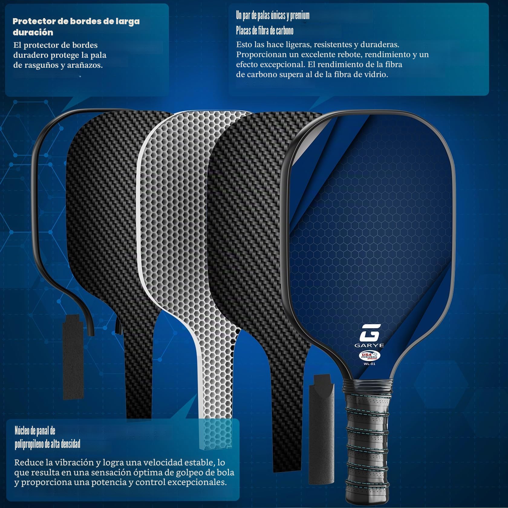 GARYE Juego de 2 palas de pickleball, juego de pickleball de fibra de carbono aprobadas por USAPA, raquetas ligeras de pepinillo, paquete de 2 con 6 bolas, 1 bolsa, par de cintas de agarre, pala de