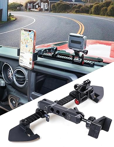 JL Soporte para teléfono de tablero multimontaje + soporte GoPro para Jeep Wrangler JL JLU Jeep Gladiator JT 2 puertas y 4 puertas, riel deslizante