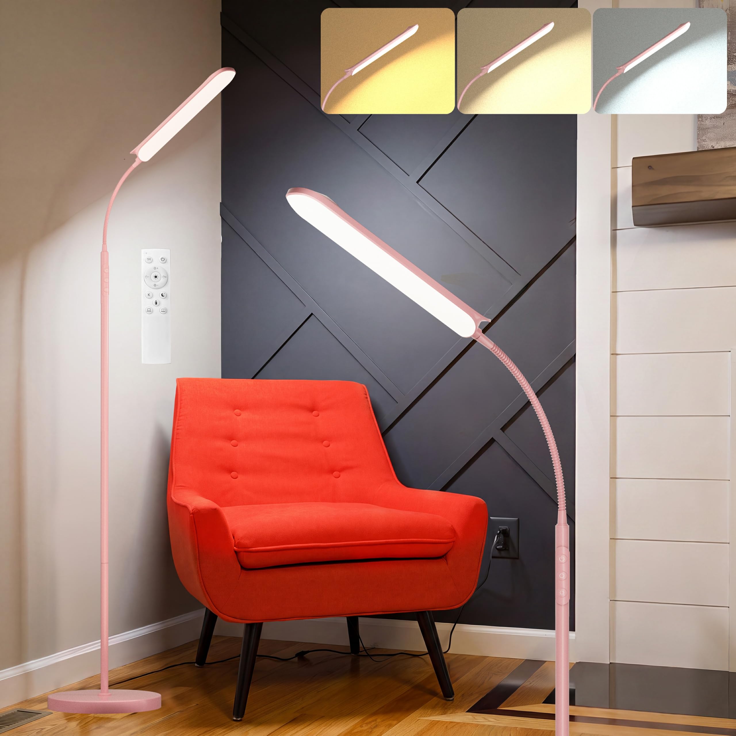 Rosa - Lámpara de pie con pie (18 W, 1800 lm, regulable LED, lámpara de suelo, 2700 K, 6500 K, temperatura de color, con mando a distancia, control táctil, 1 hora, lámpara de pie alto para sala de