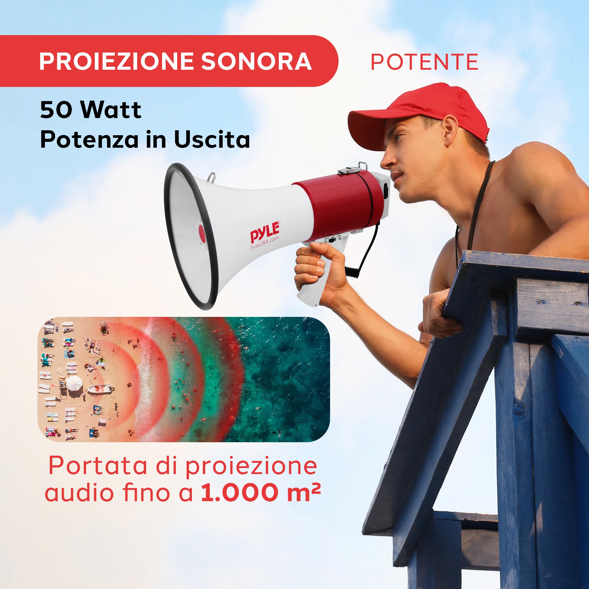 Pyle Megafono Portatile 50 Watt con Sirena, Volume Regolabile e Raggio 1100 Metri, Megafono per Eventi, Sport e Annunci Pubblici