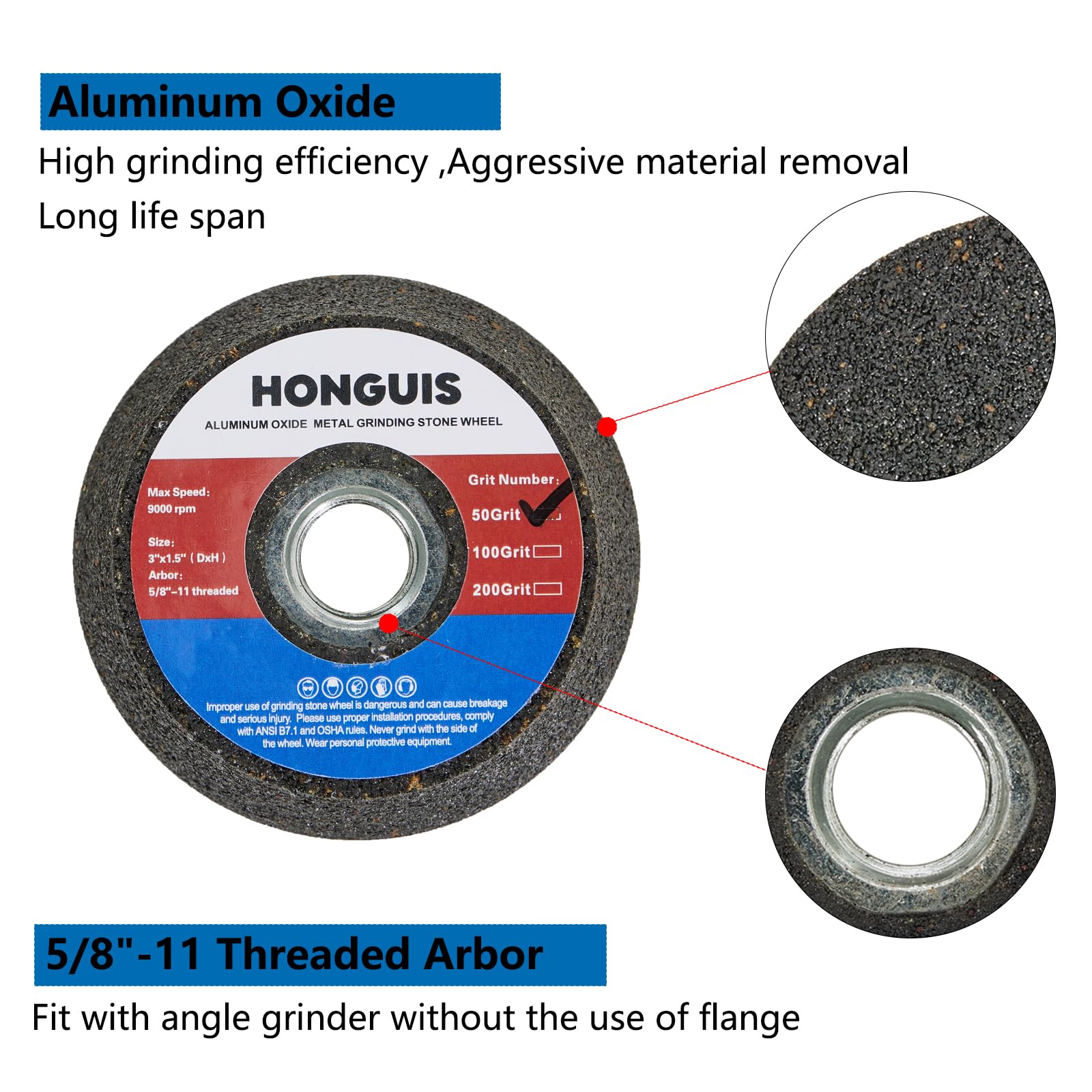Rueda de piedra de molienda de metal de 3 pulgadas, rueda de copa de molienda de óxido de aluminio para eliminar el óxido y pulir con eje roscado de 5/20.3 cm-11 grano 50