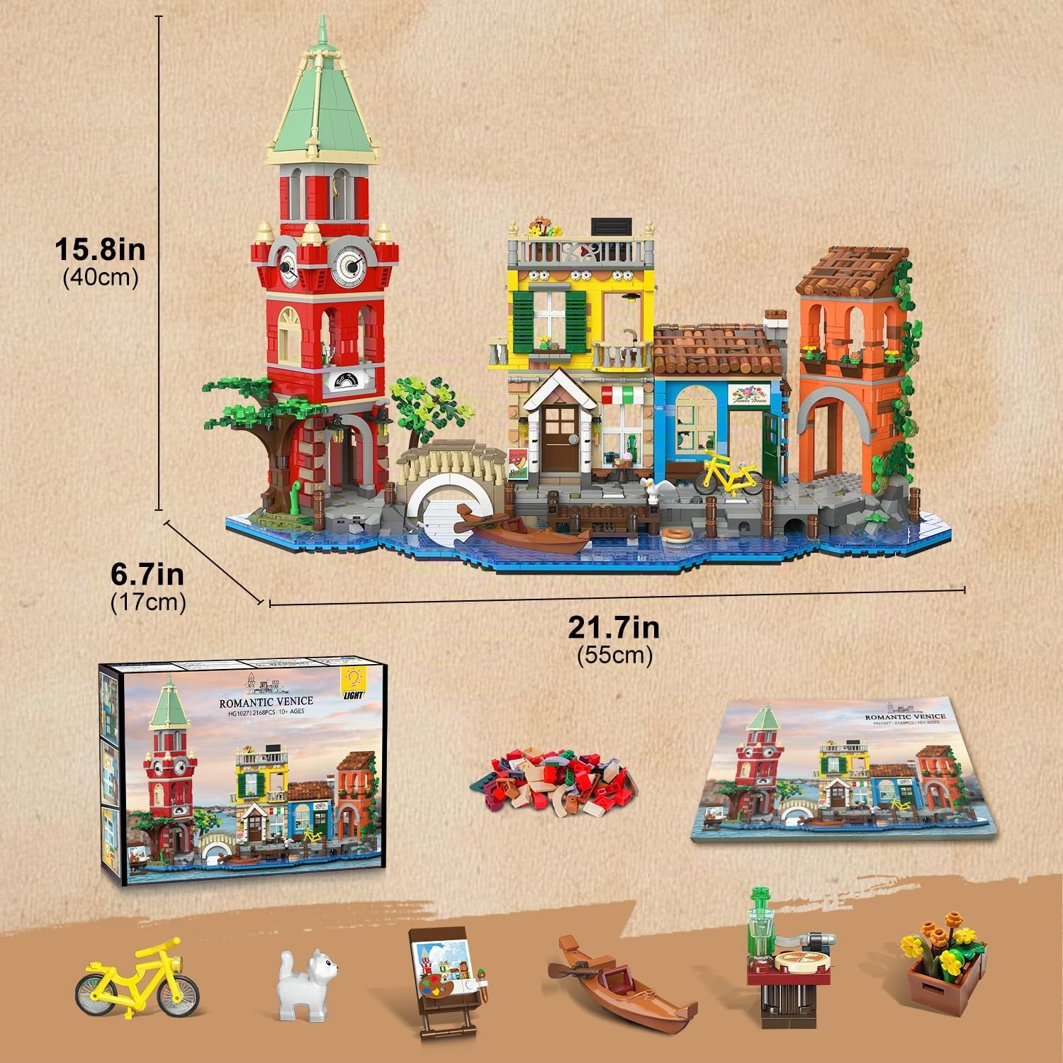 PLAXSOON Venice Main Street - Juego de construcción para adultos, 2155 piezas, kit de bloques de construcción de casa de ciudad con luz, tienda de flores, pizzería, decoración del hogar, modelo de