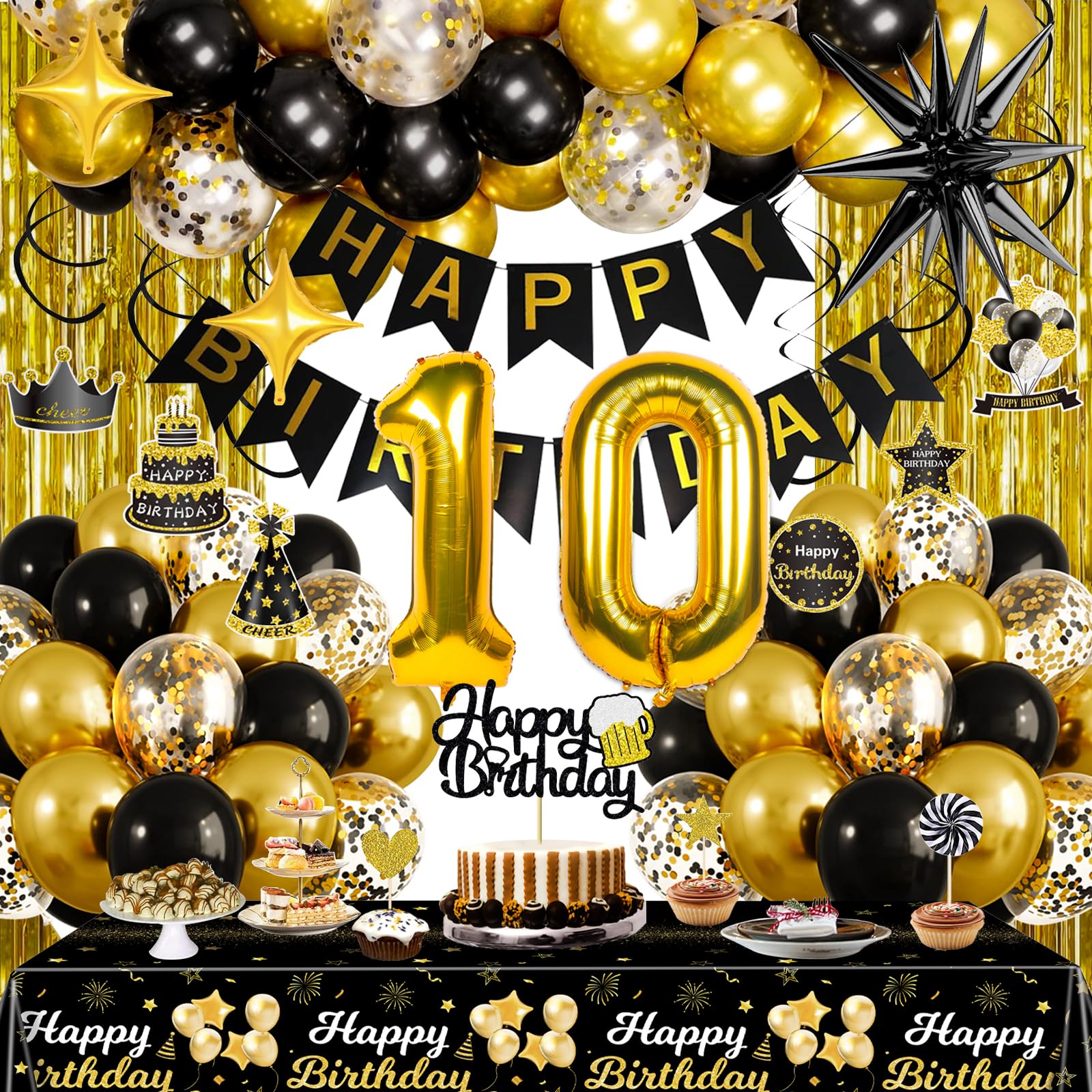 Happy 10th Birthday Banner – Schwarz-gold, 3 M Lang, Perfekt Für Garten & Party