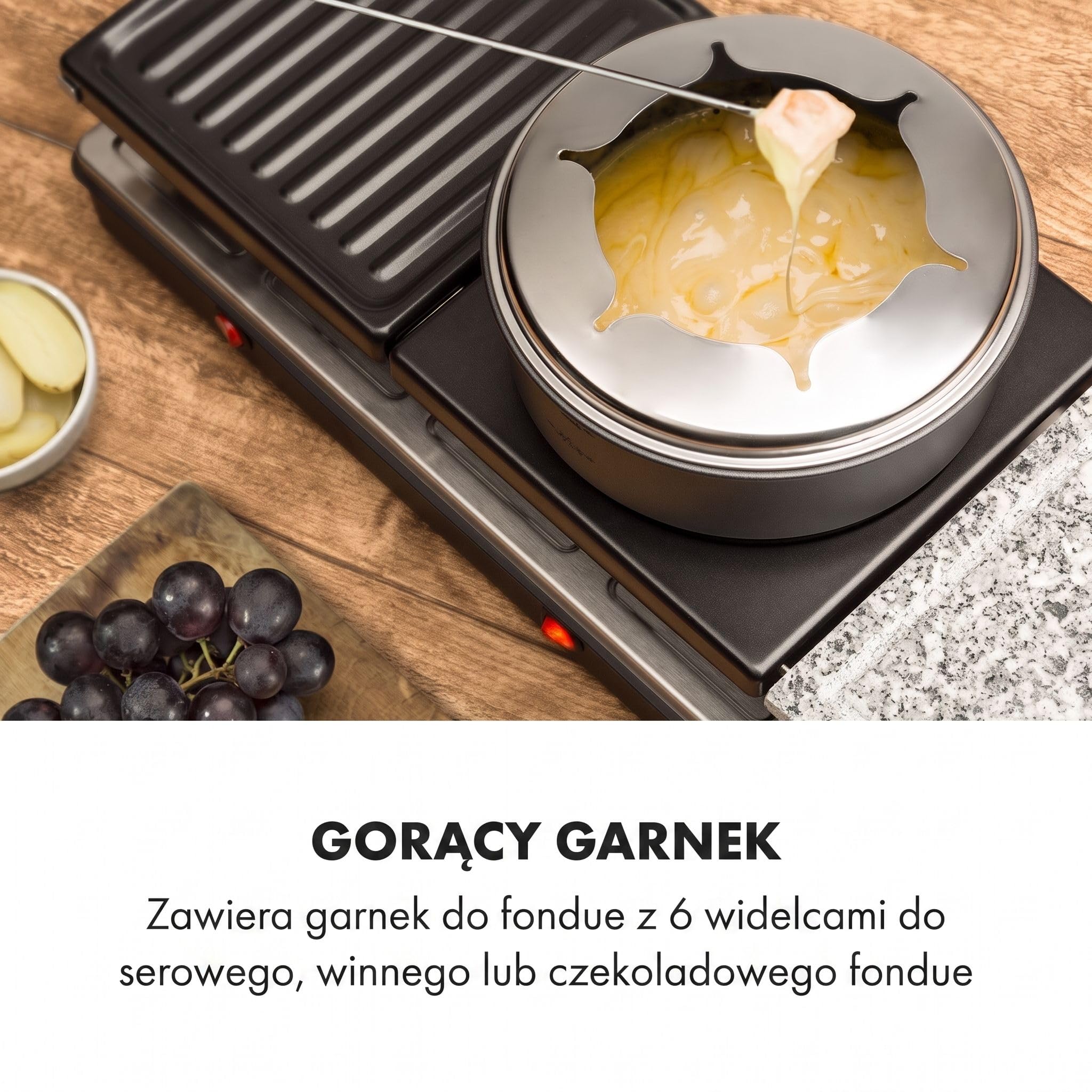 Klarstein Fonduelette XL - Grill raclette i fondue 3 w 1, 1650 W, metal/kamień naturalny/płyta krepowa, 3 oddzielne elementy grzewcze ze stali nierdzewnej, 12 osób, nieprzywierający, czarny