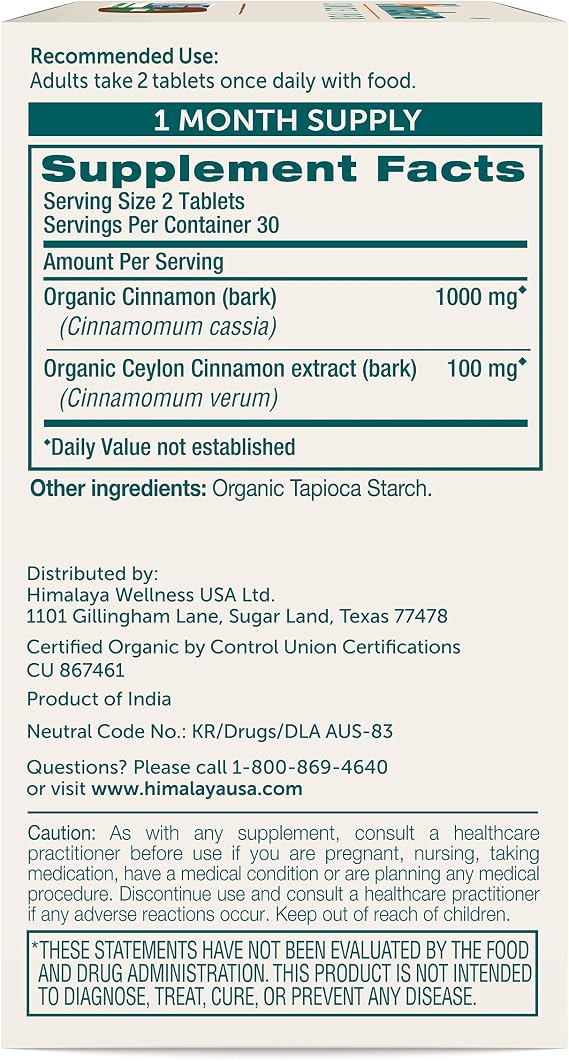 Himalaya Organic Cinnamon, Cinnamon Supplements, 30 Day Supply - Herbal Glucose Metabolism Support - USDA Organic, Non-GMO, Vegan, Gluten Free, 1100 mg, 60 Tablets