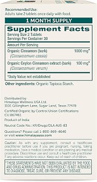 Himalaya Organic Cinnamon, Cinnamon Supplements, 30 Day Supply - Herbal Glucose Metabolism Support - USDA Organic, Non-GMO, Vegan, Gluten Free, 1100 mg, 60 Tablets