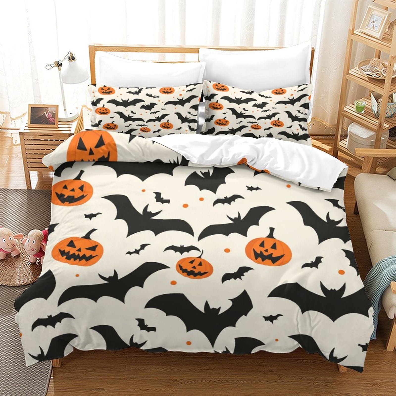 P1S9U7W5Y Halloween Bat Pumpkin 3D Printed Duvet Cover Set 3pcs Microfiber Halloween Bedding Set Double
