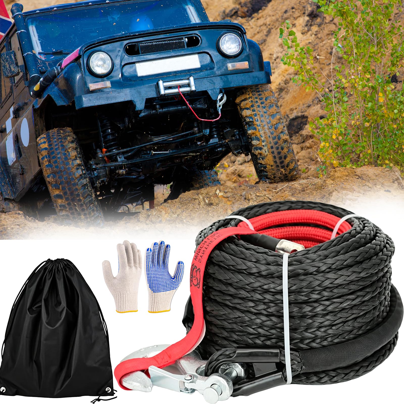 Kunststoffseil Windenseil Abschleppseil, 8 mm x 15 m Synthetic Winch Rope mit Schutzhülle Metallhaken und Handschuhe Synthetische Windenseil für Zum Ziehen Von ATV UTV Auto SUV und Großen Offroadern