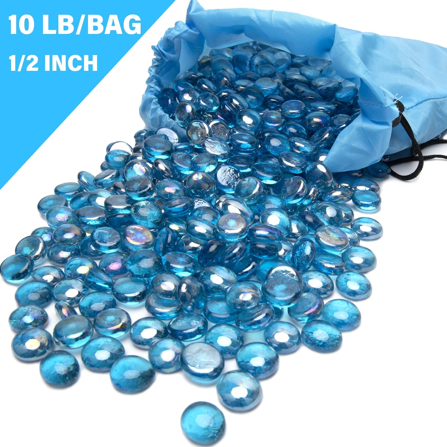 LEIMO KPARTS 10 lbs Fire Glass Beads for Propane Fire Pit, Light Blue 1/2-Inch Reflective Gas Fireplace Glass Rocks Stones for Fire Pit Table