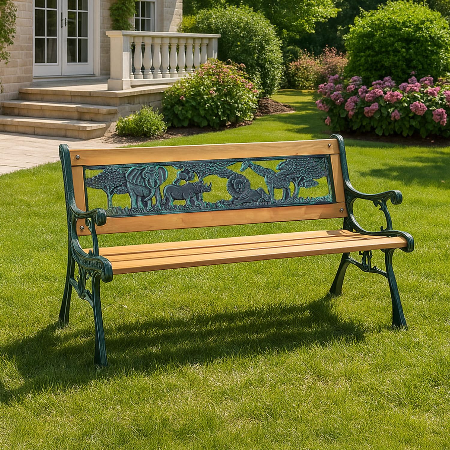 Garden Mile Wooden Kids Bench Outdoor Heavy Duty Solid Wood 2 Seater Garden Bench With Cast Iron Animal Pattern - All Weather Children Garden Furniture for Patio Chair, Balcony, Porch