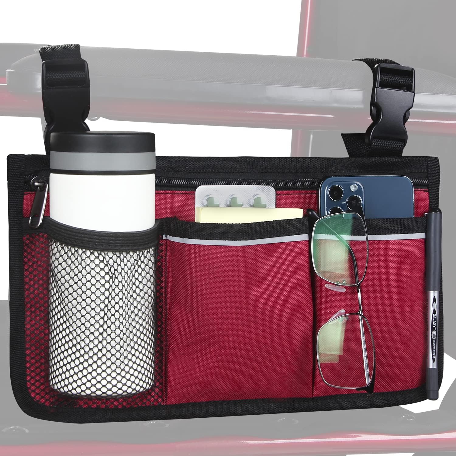 Wheelchair Side Bag, Armrest Storage Pouch with Cup Holder and Reflective Strip Use of Waterproof Fabric, for Most Wheelchairs, Walkers or Rollators (Purple)