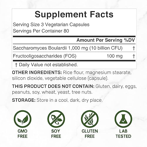 Miniatura 2 de Saccharomyces Boulardii Probióticos + Suplemento FOS, 10 mil millones de UFC, 240 cápsulas vegetales  Probiótico y prebiótico para mujeres y hombres