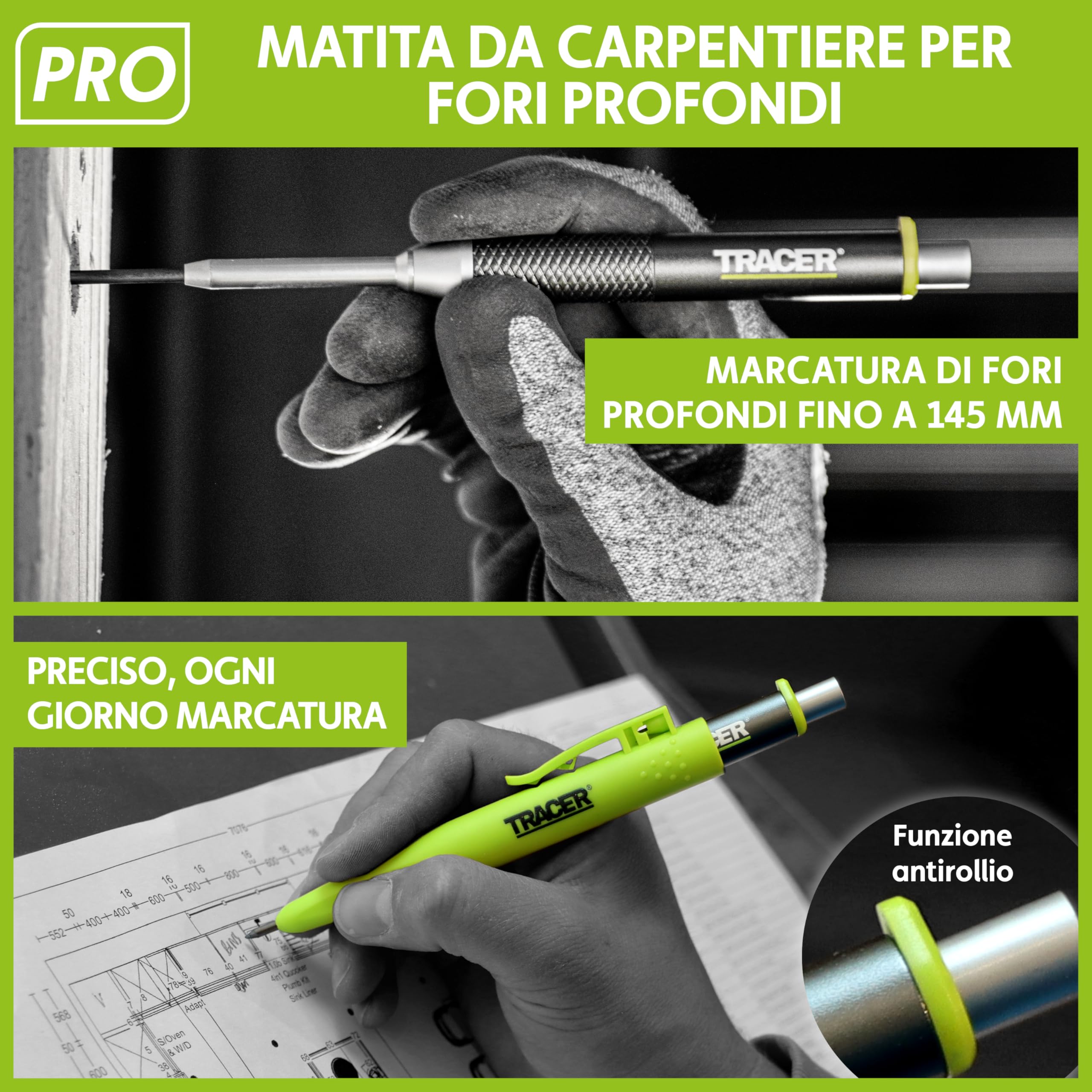 Tracer Pro Series Kit Marcatura Professionale 5 Pezzi | Matita Fori Profondi, Pennarello Costruzione Alluminio + 30 Mine