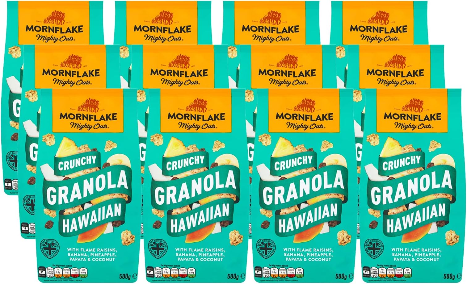 Mornflake - Crunchy Hawaiian Granola. 12x 500g Sachets Bags. High Fibre Granola Cereal Multipack, Breakfast Granola with Raisins, Banana, Pineapple & Coconut, All Natural Ingredients (Pack of 12)