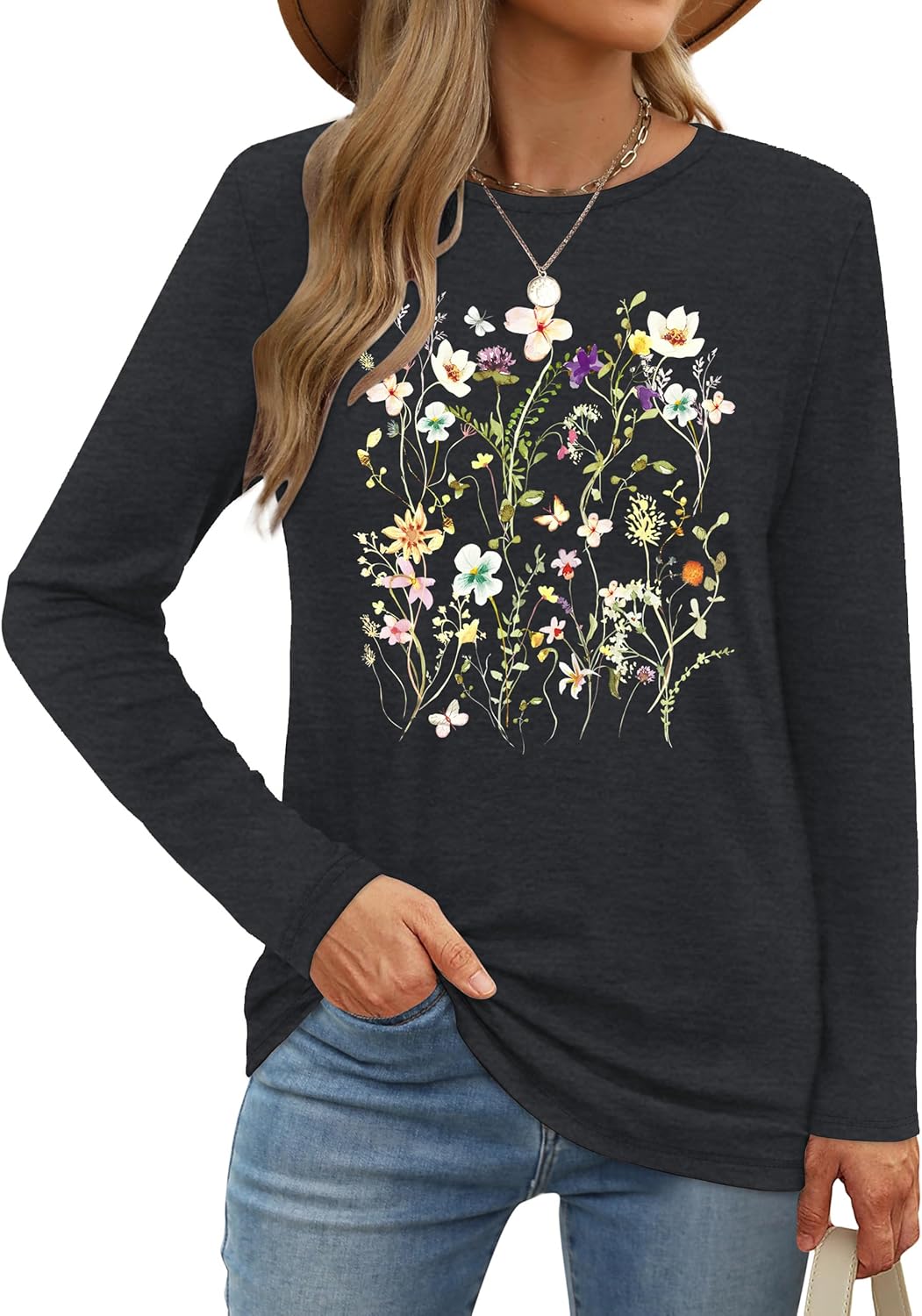Women's Vintage Floral Long Sleeve T Shirt Boho Floral Printed Shirt Wildflower Graphic Tee Casual Tops - Image 2