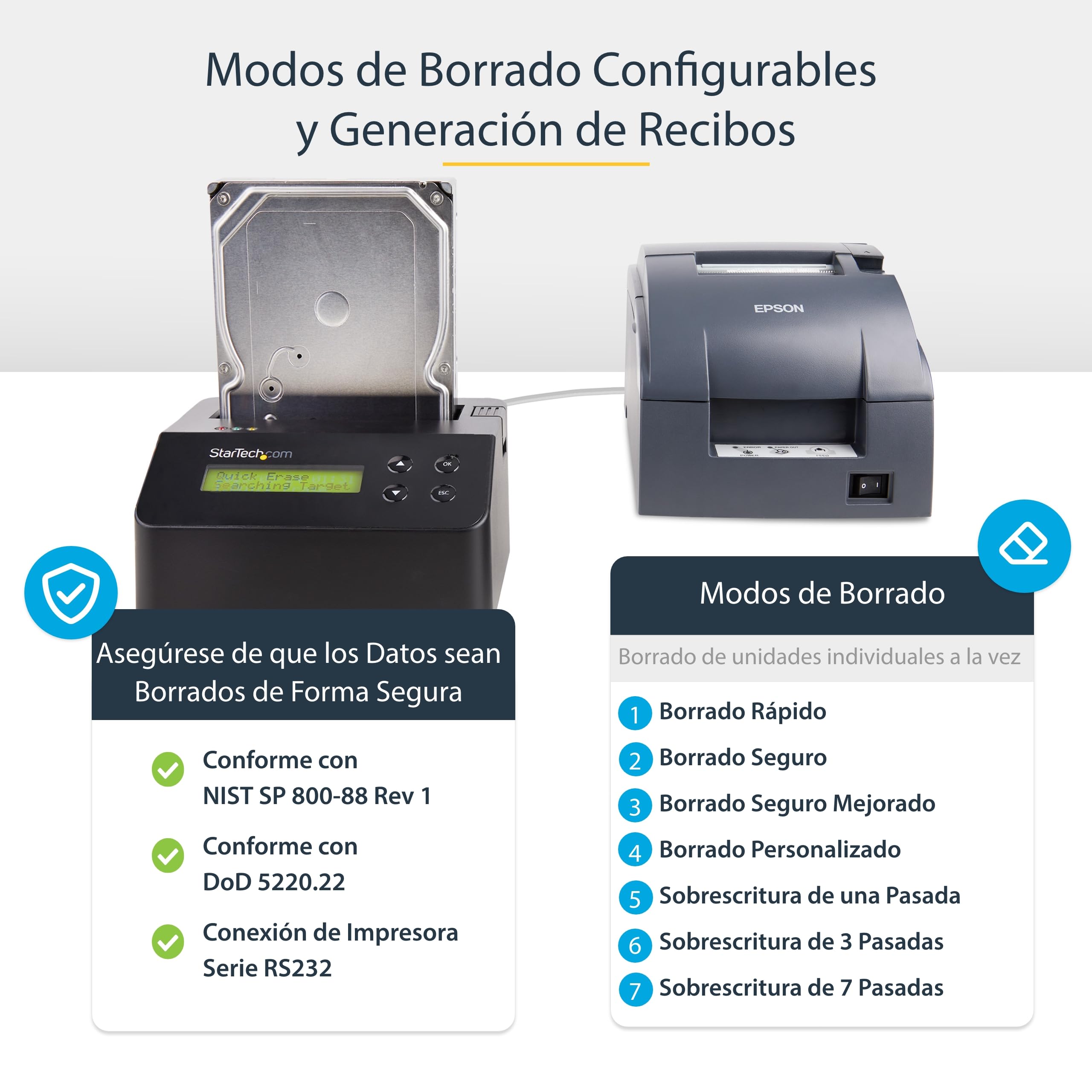 StarTech Borrador SATA 2,5/3,5in 1 Bahia, SATA II 3Gbps, LCD (SDOCK1EU3P) | Sanitizador de discos, Limpiador por hardware, Borrado seguro, 9 modos