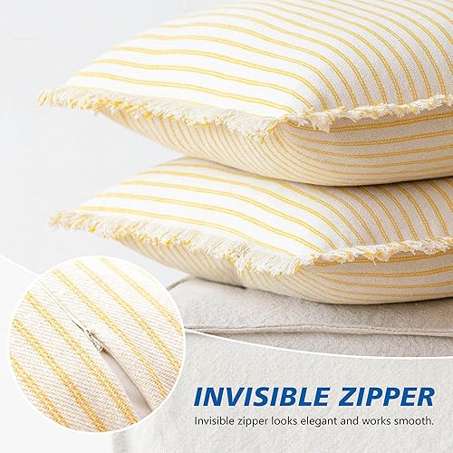 Miniatura 3 de Foindtower Paquete de 2 fundas de almohada decorativas modernas de algodón a rayas amarillas y beige, funda de cojín cuadrada de algodón con acento