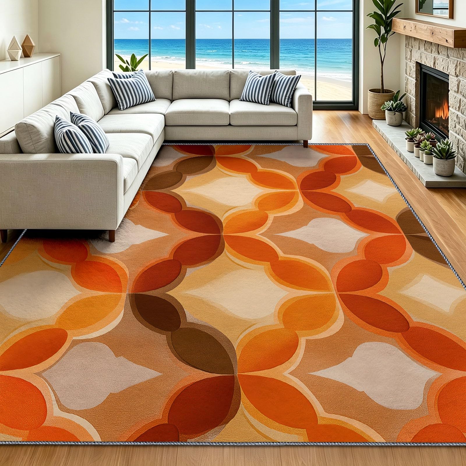 Alfombra lavable naranja de 80x150 cm con líneas curvas modernas