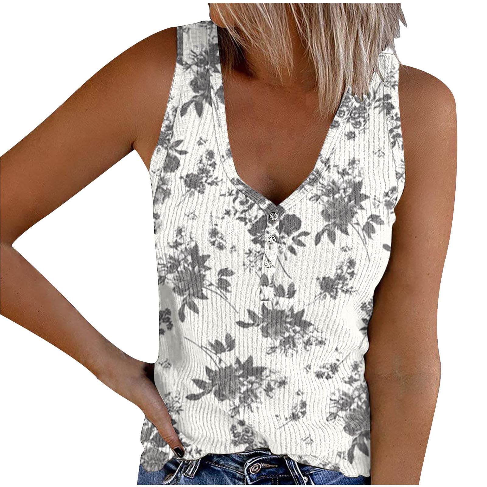 Mzkdieey Summer Tank Tops for Women 2024 V Neck Ribbed Sleeveless Henley Shirts Floral Print Button Up Blouse