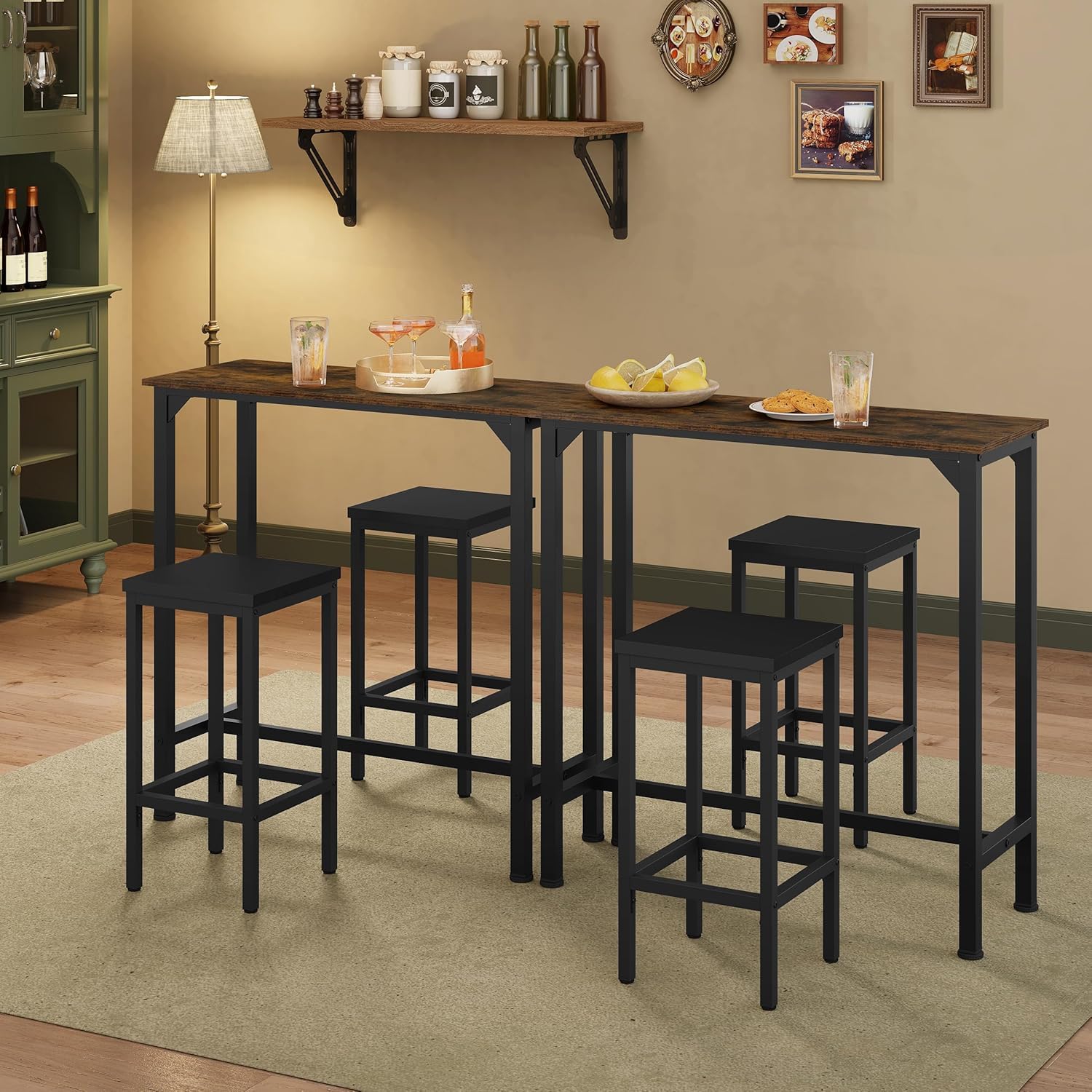 EUGAD Tavolo da Bar Salvaspazio, Tavolo Alto da Cucina Stretto, bancone bar in Legno & Metallo per Home Bar Cucina, 100 x 40 x 100 cm, Rustico + Nero