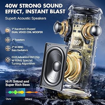 W-KING Bluetooth Hoparlörler - IP67 Su Geçirmez Dış Mekan Taşınabilir Kablosuz Hoparlör, 40W HD 360° Işıklı Stereo Surround Ses, Özel EQ ve Derin Bas/V5.3/DSP/24H/TF/AUX, Toz Geçirmez, Duş, Kamp için