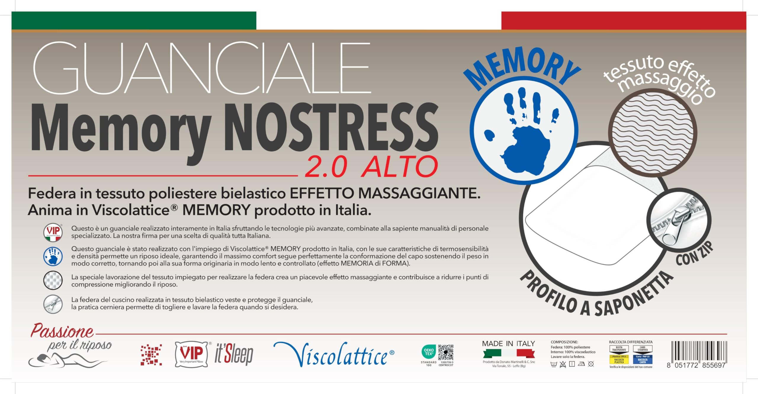 V.I.P. VERY IMPORTANT PILLOW - Cuscino Viscolattice Saponetta Memory No Stress Effetto Massaggio, Alto, 72 x 42 x 13 cm Made in Italy, Bianco