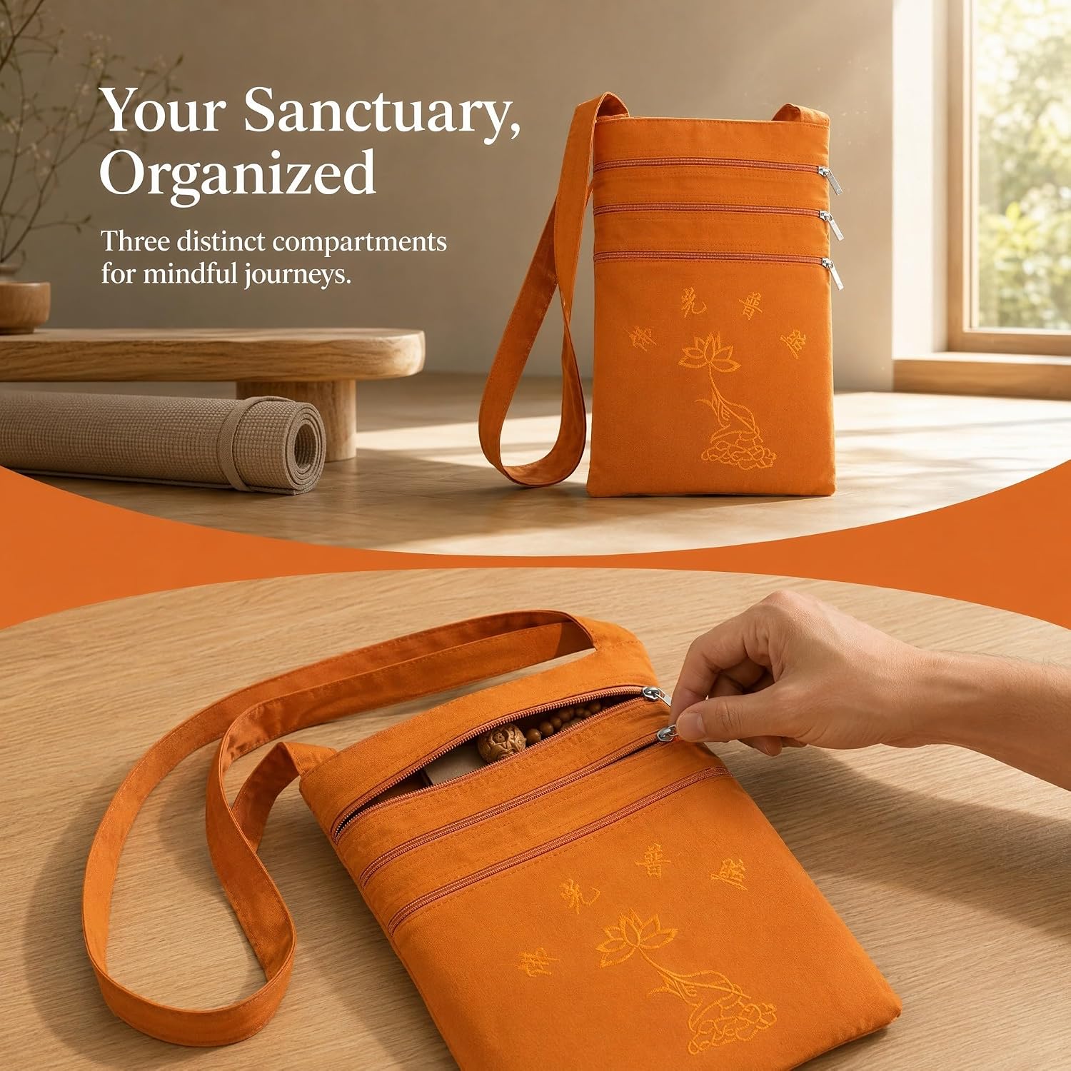 Hemoton Buddhist Prayer Crossbody Bag Large Capacity Fabric Orange