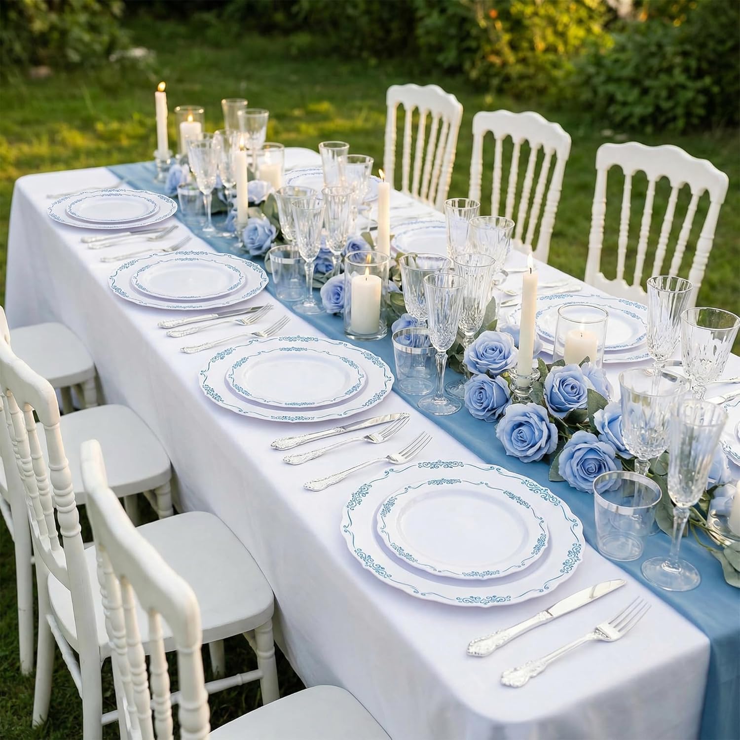 DaYammi 60PCS Blue and White Plastic Plates Blue Rim White Disposable Plates Blue White Party plates Include:30 Plastic Dinner Plate 30 Dessert plate and Wedding & Party Dining