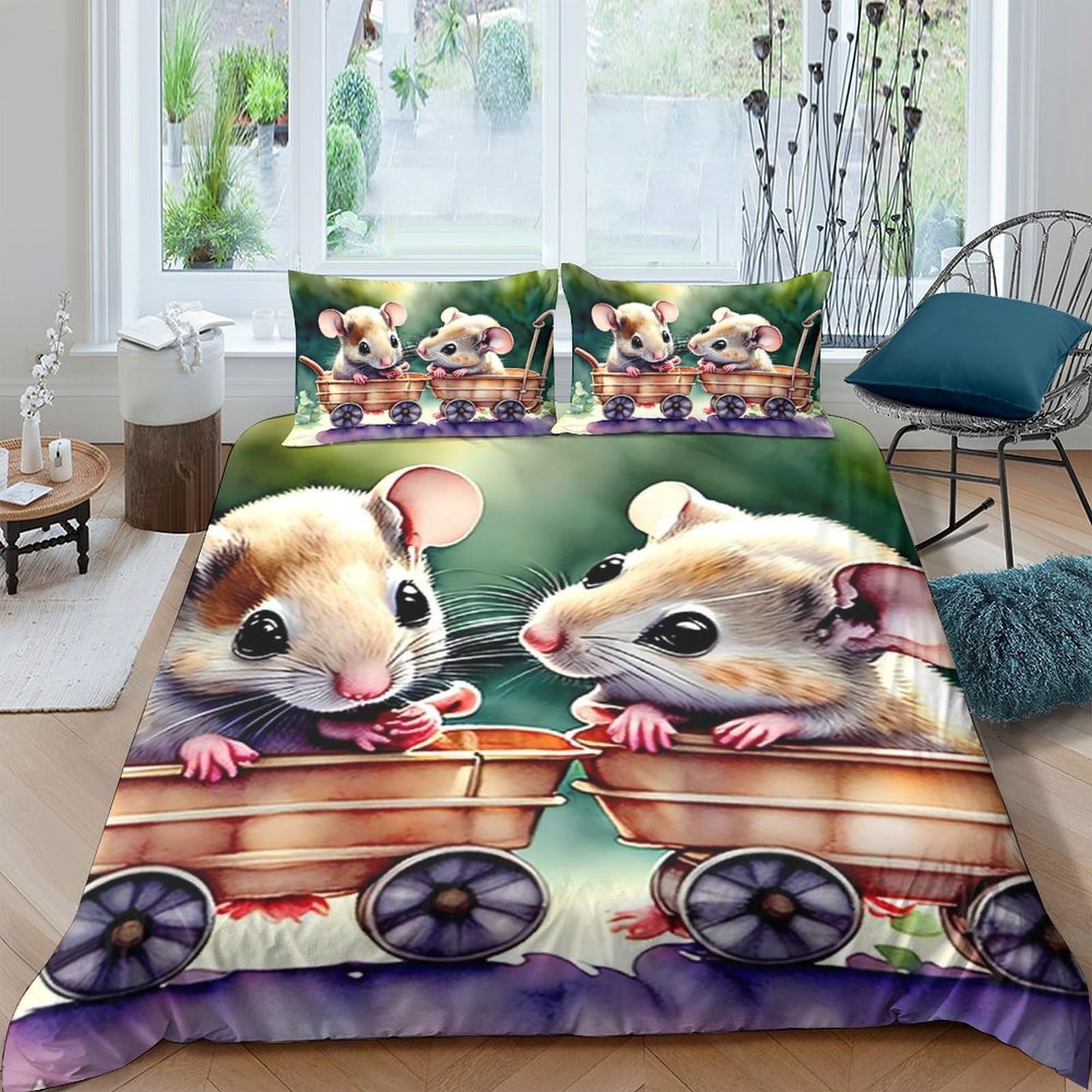 Ctjqhvkz Style-3 3D Printed Cute Hamster Fitted Sheet Microfiber Soft Cartoon Mouse Bed Cover Anti-Slip Machine Washable For Bedroom Decor Single（135X200cm）