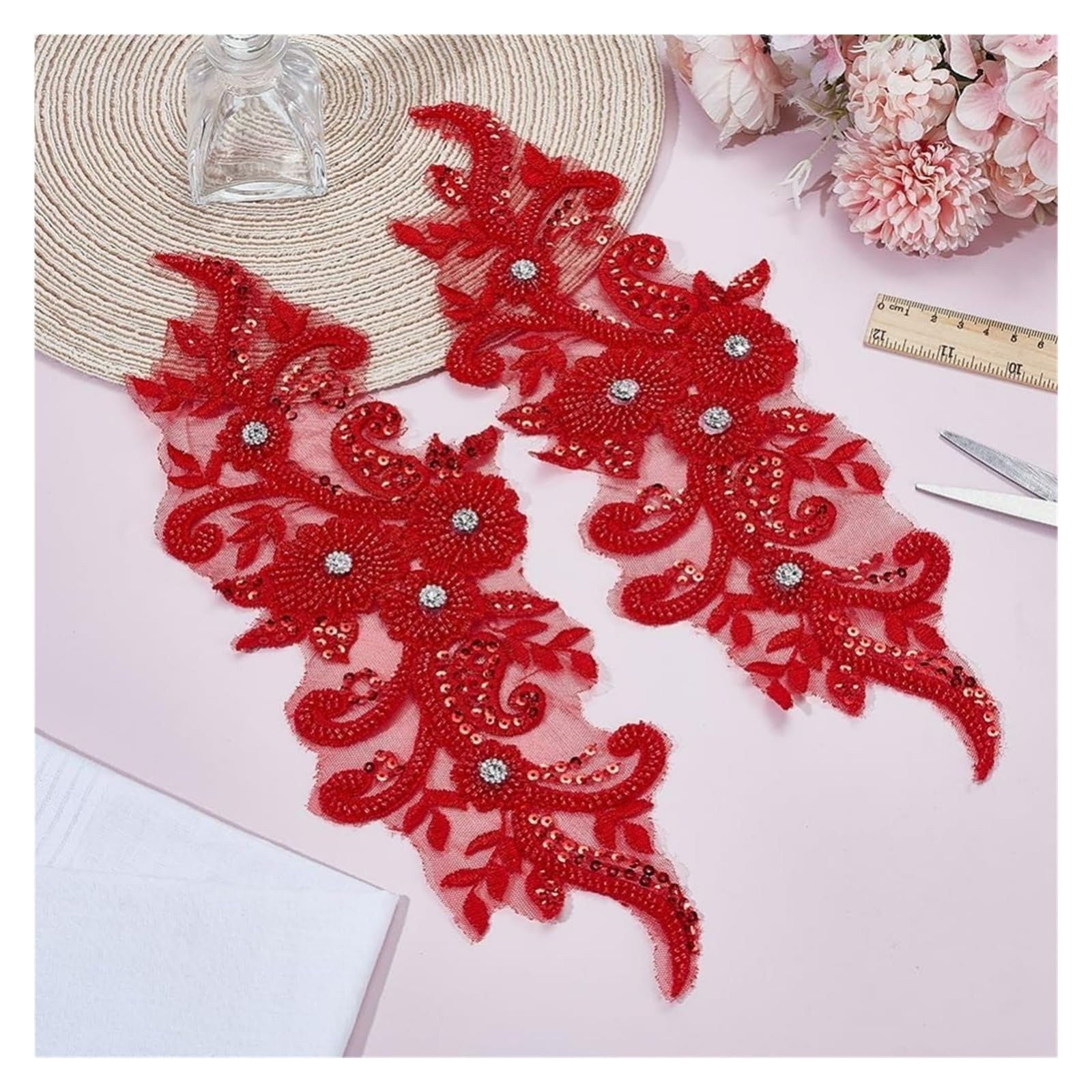 Apliques de encaje con abalorios 2 uds parches de encaje flores 14,17x4,72'' apliques lentejuelas con cuentas coser en bordados diamantes imitación