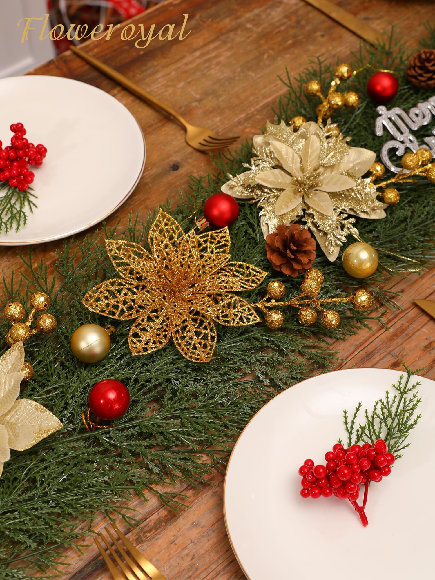 Floweroyal Künstliche Weihnachtssterne mit Clips und Beerenstielen, Glitzer-Ornamente für Weihnachtsbaum, Kranz, Kamin, Treppe, Dekoration, 60 Stück (Gold, 3 Stile)