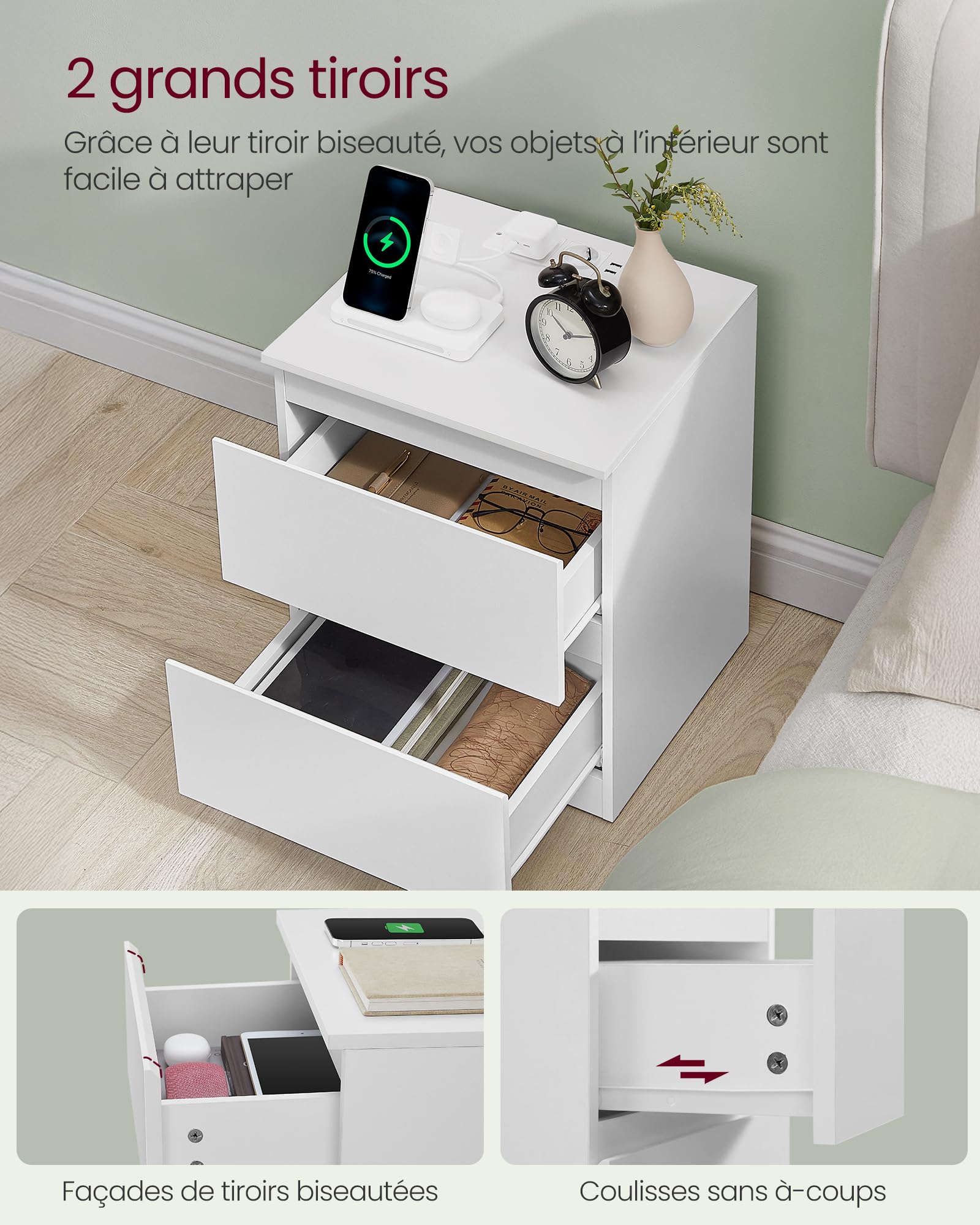 VASAGLE Kailyn Collection - Lot de 2 Table de Chevet avec Multiprise, Table d'Appoint, 2 Tiroirs, 2 Prises CA, 2 Ports USB-A, pour Salon, Chambre, Bureau, Moderne, Blanc Nuage LET821W02