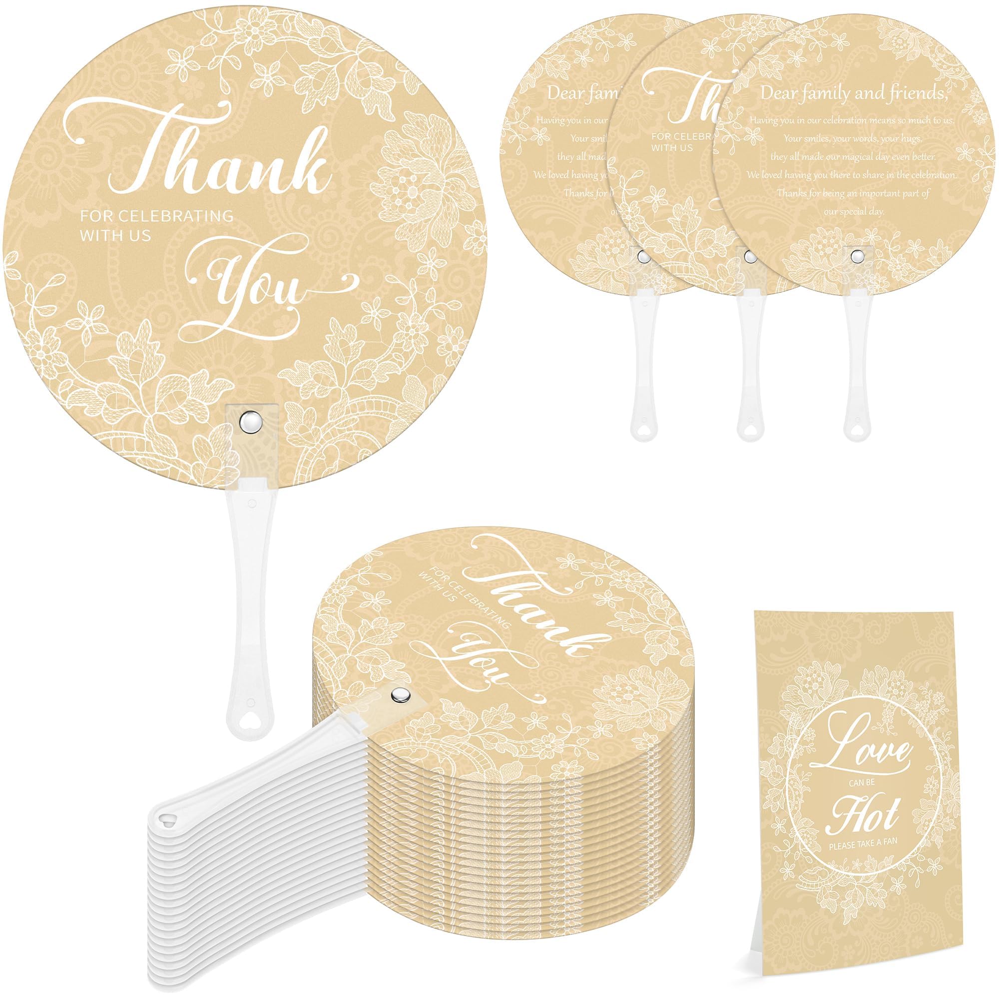 Aneco 120 Stück Hochzeit Handfächer Bulk mit Tischschild Kunststoff Fächer mit Griff Handheld Hochzeit Favor Fans für Zeremonie Brautparty Party Supplies Weiße Spitze