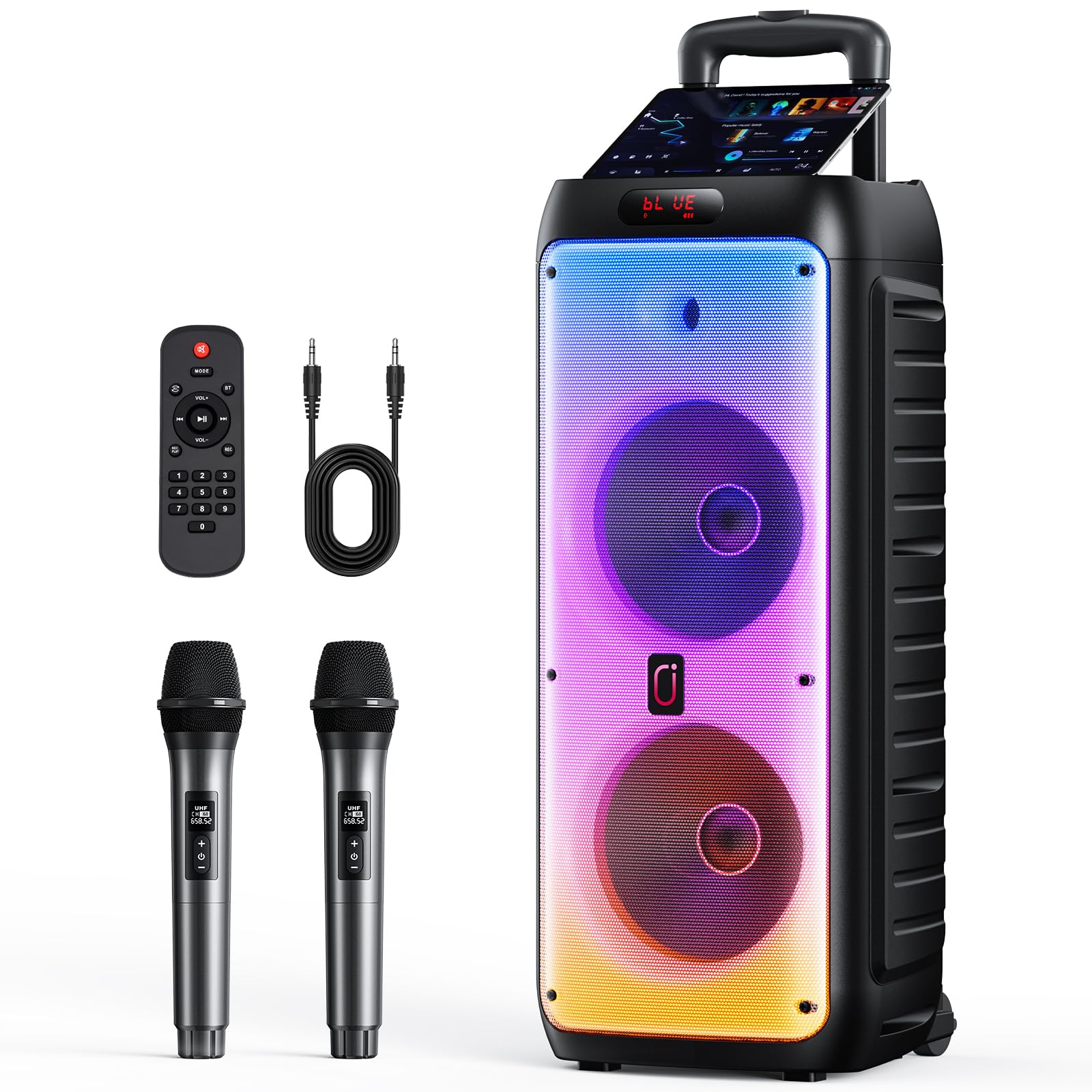 JYX Sistema Karaoke con 2 Microfoni Wireless, Altoparlante Karaoke Bluetooth Portatile Professionale con Luci LED, Ideale per Feste in Famiglia e Regali, Supporta USB/TF/AUX/MIC/TWS
