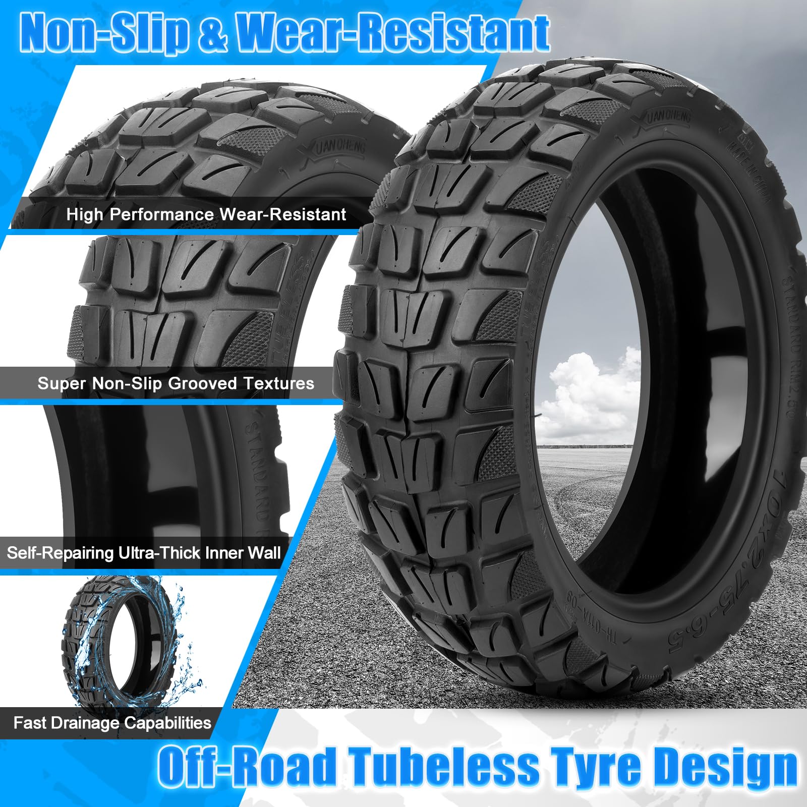 10 x 2,75 – 6,5 Tubeless, pneumatici autoriparanti da fuoristrada, con valvola, 10 pollici, pneumatici di ricambio per e-scooter, resistenti all'usura e durevoli, antiscivolo e antiperforazione