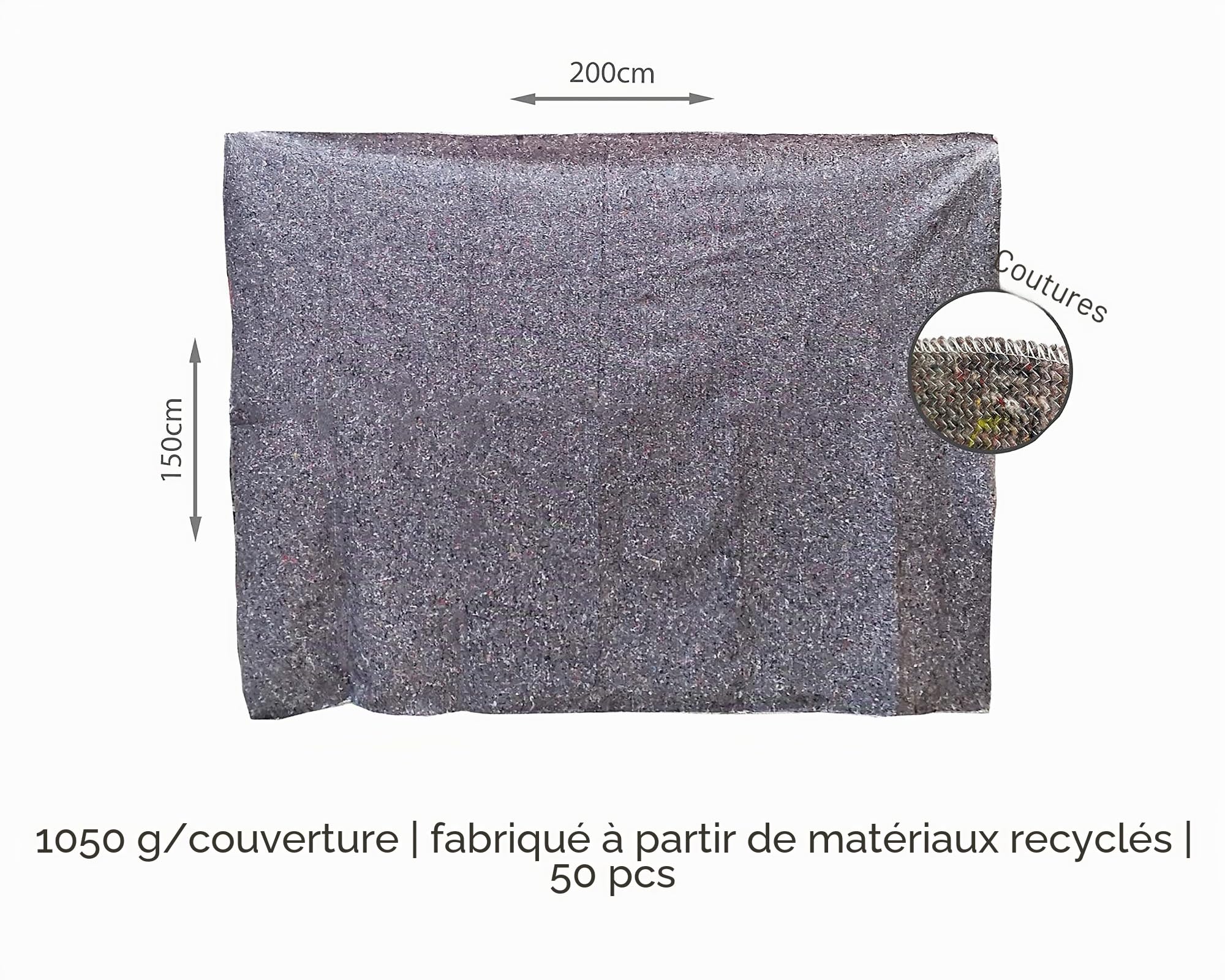 Lot de 50 couvertures de déménagement | Format : 150 x 200 cm | 1,05 kg par pièce | Gris | Cousu sur les 4 côtés | Fabriqué à partir de matériaux recyclés