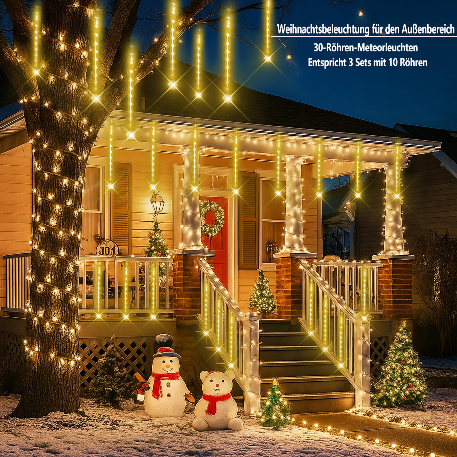 Kwaiffeo Weihnachtsbaum Lichterkette deko：30 Röhren Meteorschauer Lichterkette(Äquivalent zu 3 Sätzen von 10er-Röhren)- Wasserdichte Eiszapfen lichter für Erntedankfest Neujahr Hochzeit, Warmweiß