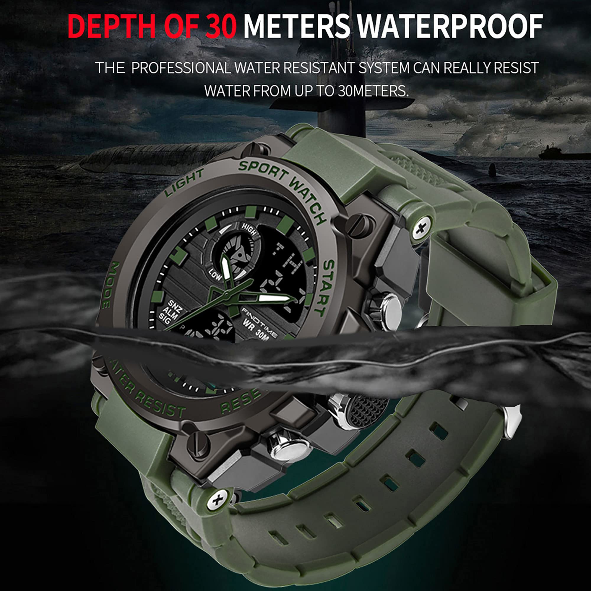 findtime Reloj deportivo para hombre, militar, para exteriores, reloj de pulsera grande, digital, analógico, dos zonas horarias, calendario LED, hombres y niños, verde, Correa