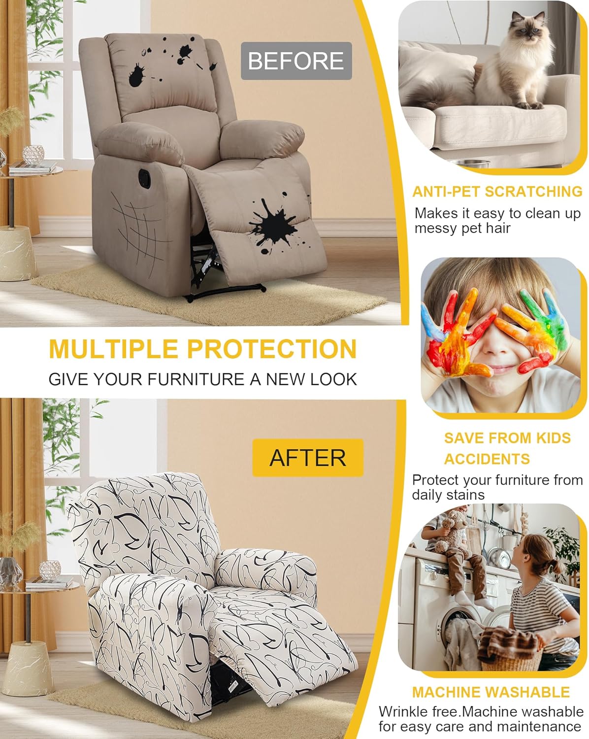 NILUOH Recliner Chair Covers, 4-Pieces Stretch Recliner Cover Soft Pattern Reclining Chair Slipcover That Stay in Place Washable Furniture Protector for Lazy Boy Recliner